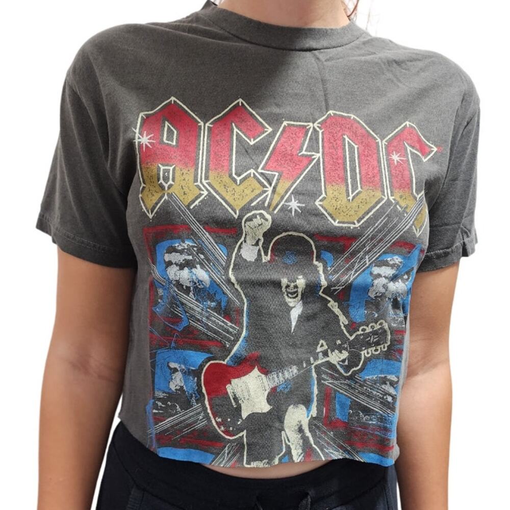 NEW M/L Forever 21 ACDC Charcoal Gray Crop Graphic Band Tee Women Size Med/Large